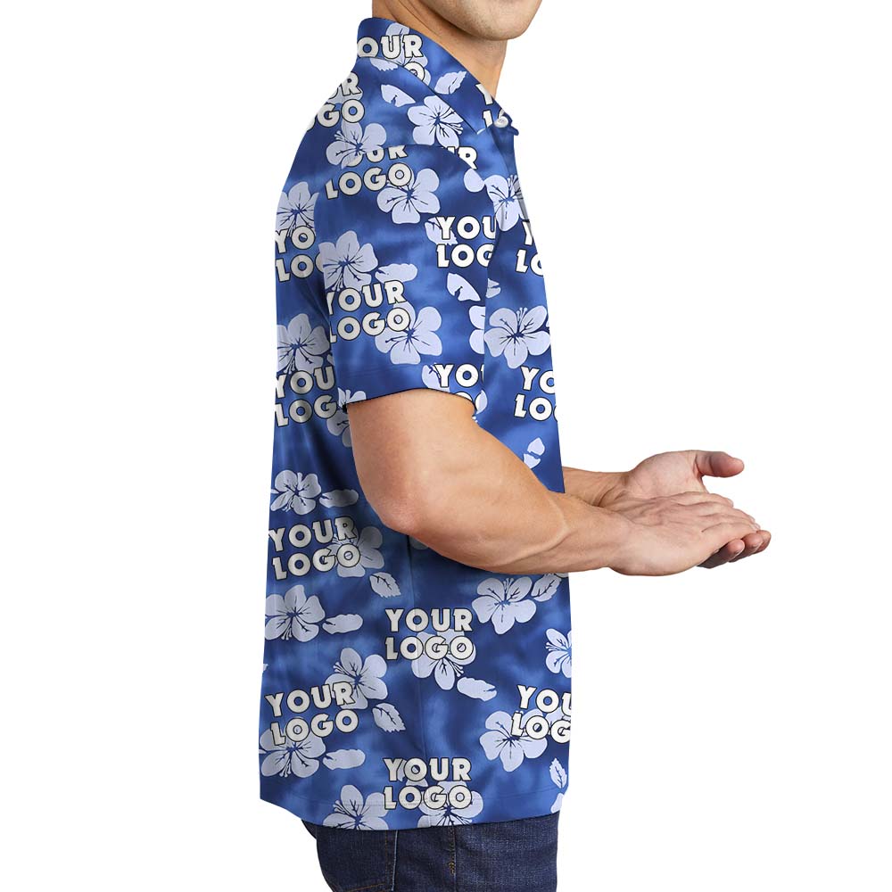 Hibiscus And Custom Logo Collared Polo Shirt Blue