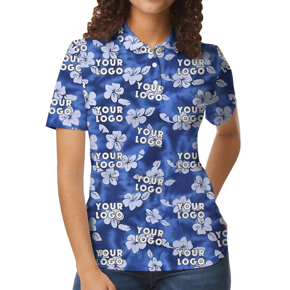 Hibiscus And Custom Logo Collared Polo Shirt Blue