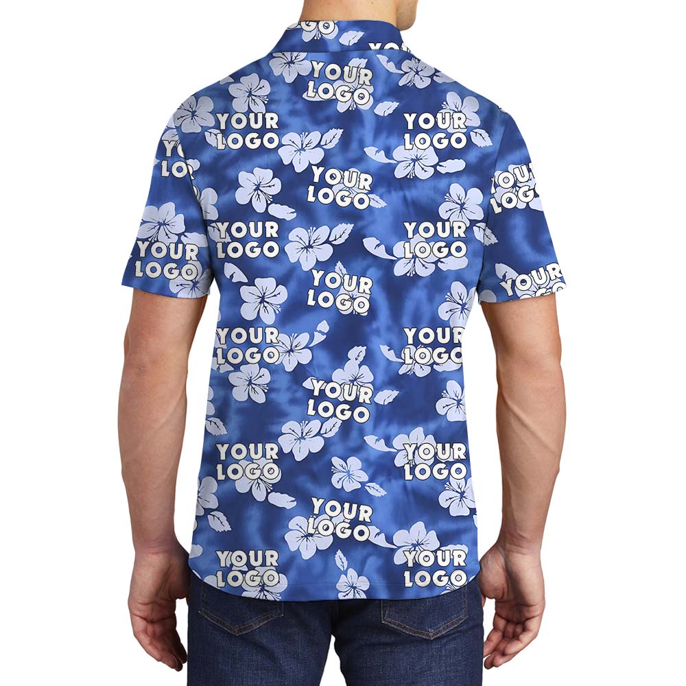 Hibiscus And Custom Logo Collared Polo Shirt Blue