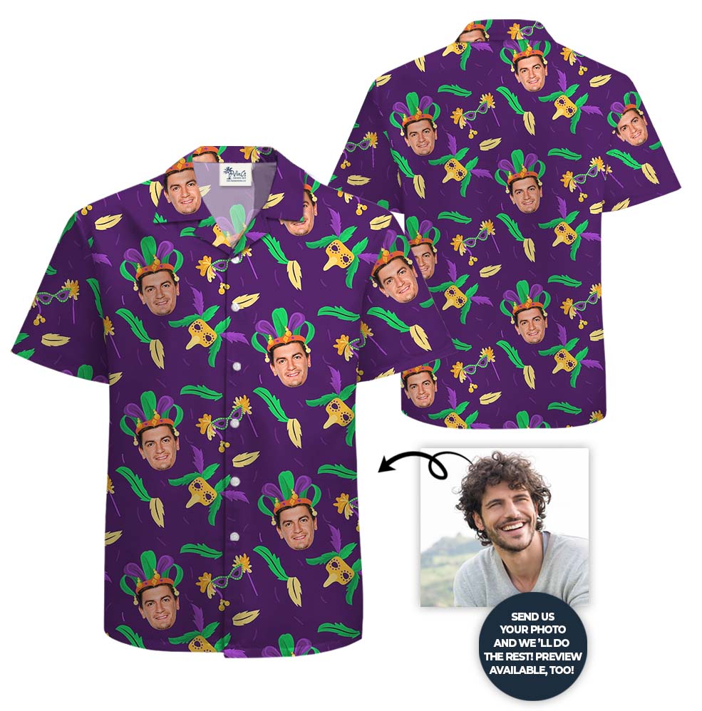 Mardi Gras Hawaiian Shirt With Custom Face Purple