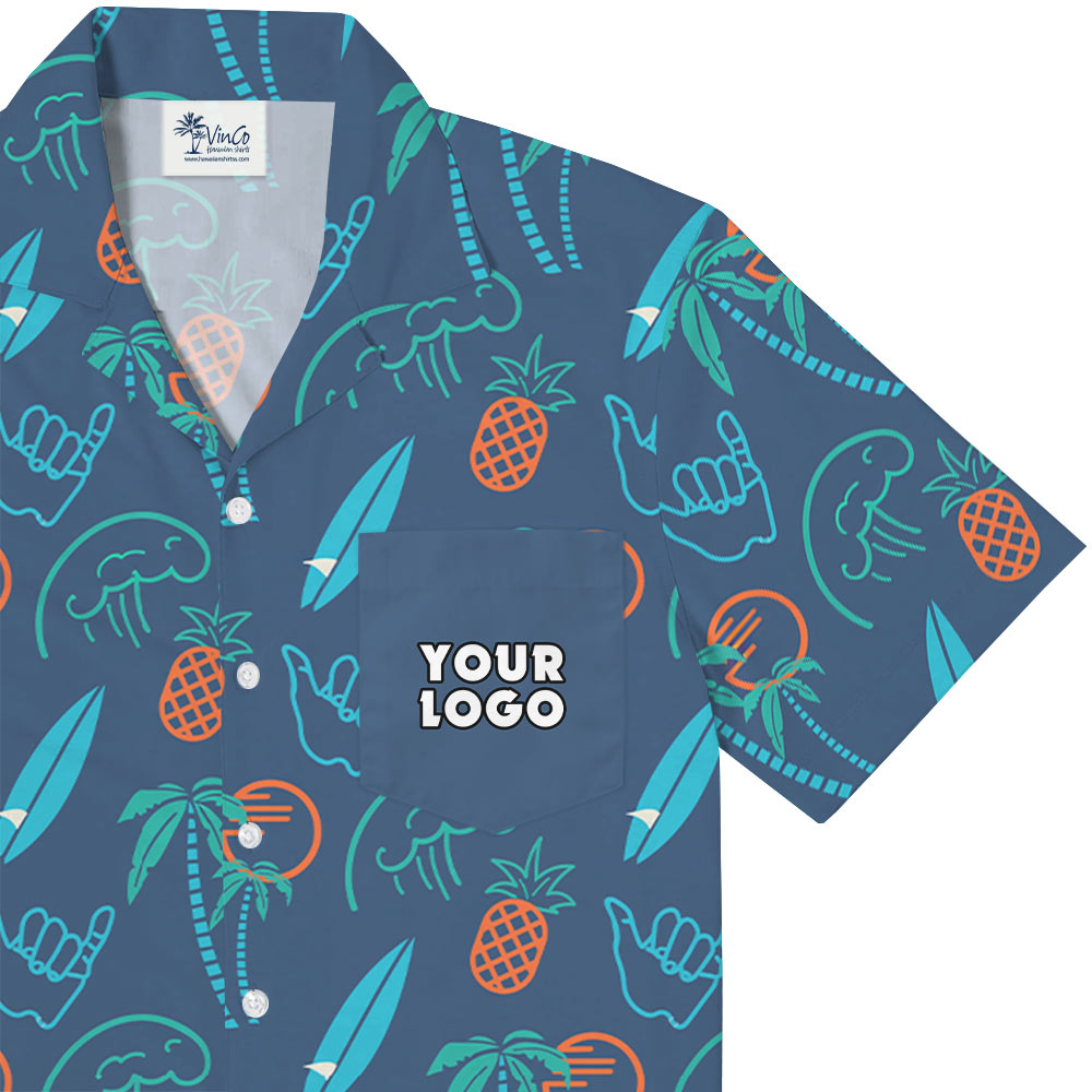 Custom Company Logo Pocket Blue Hawaiian Shirt