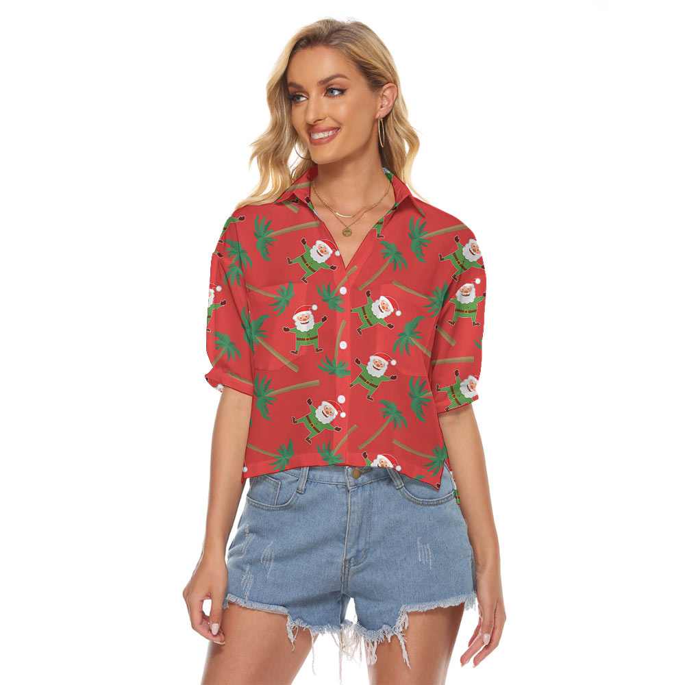 Cute Santa Claus Tropical Palm Trees Women's Cropped Shirt - variant image 1