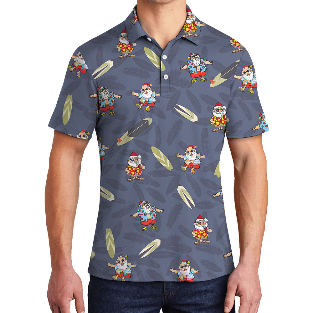 Christmas Santa Claus Surfing Board Navy Hawaiian Polo Shirt - variant image 1