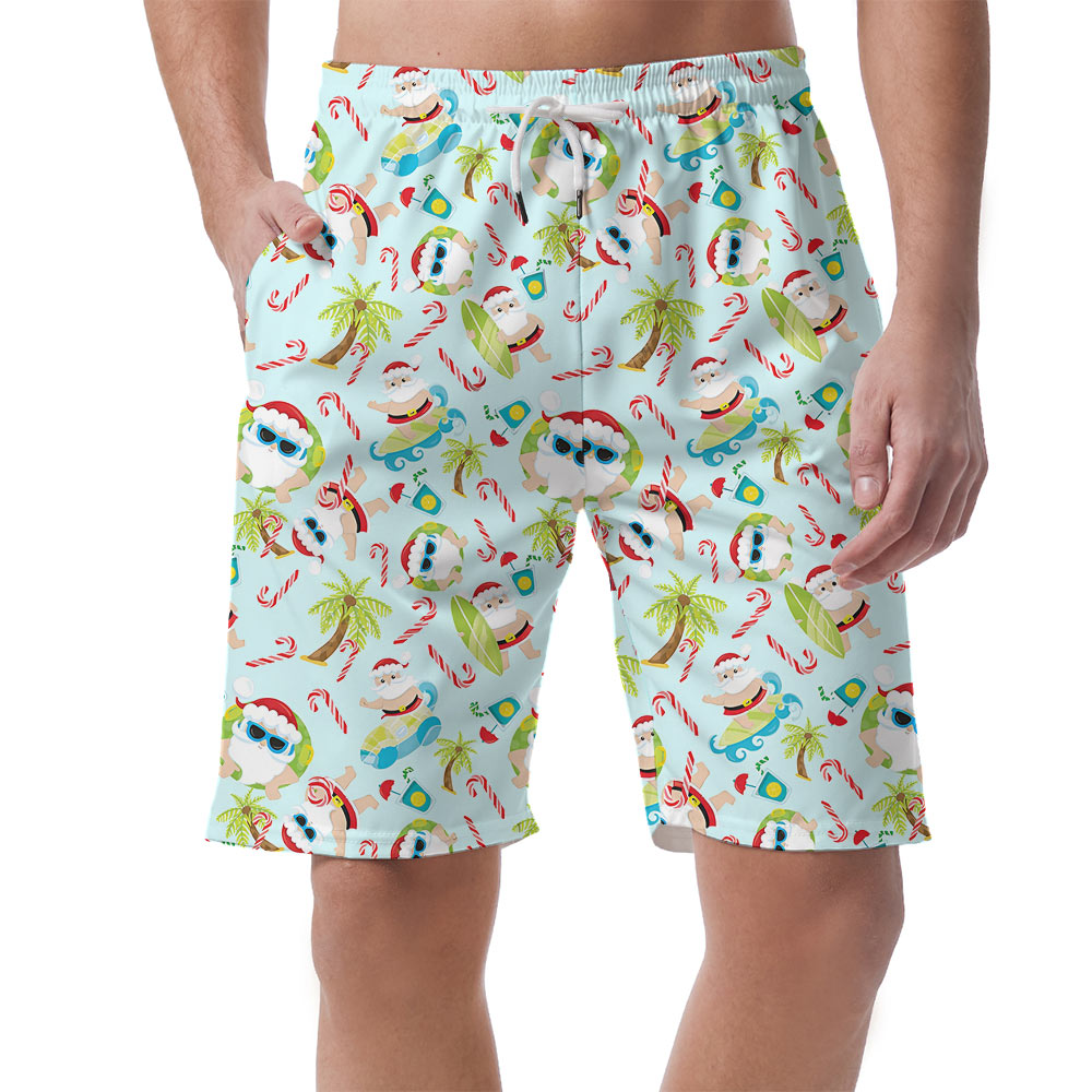 Cute Santa Claus Surfing Tropical Christmas Men's Beach Shorts - variant image 1