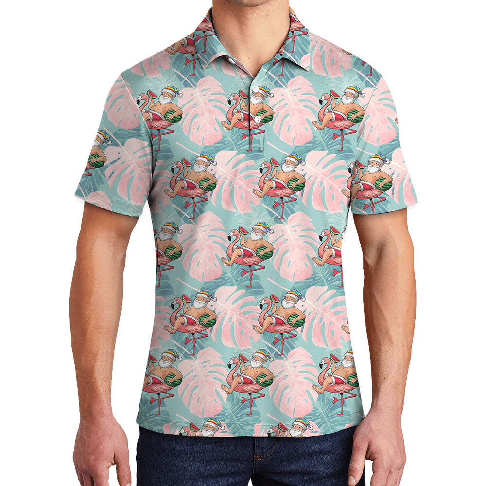 Funny Summer Santa Flamingo Tropical Polo Shirt - variant image 1