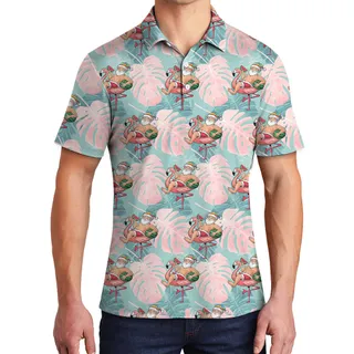 Funny Summer Santa Flamingo Tropical Polo Shirt