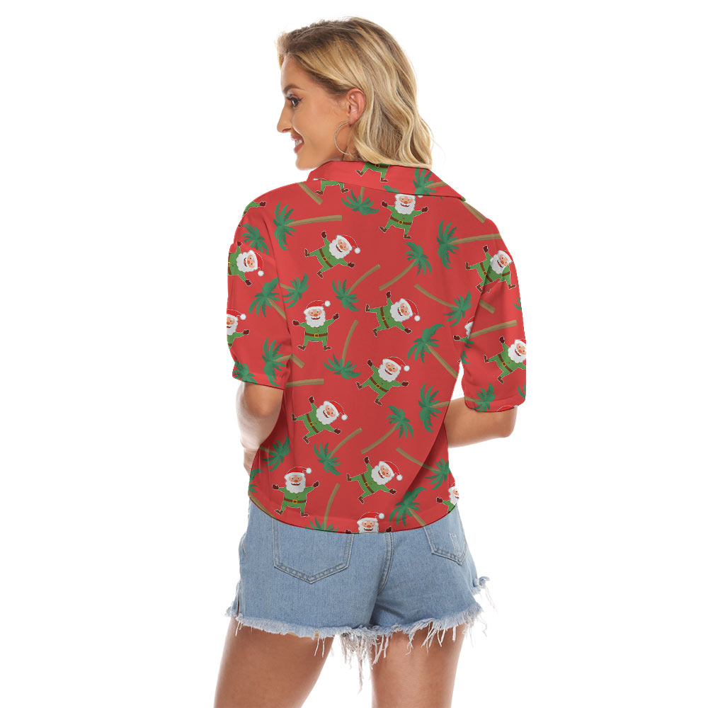 Cute Santa Claus Tropical Palm Trees Women's Cropped Shirt