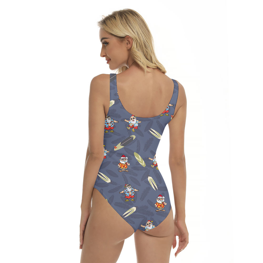 Cute Santa Claus With Surfing Board Navy Swimsuit