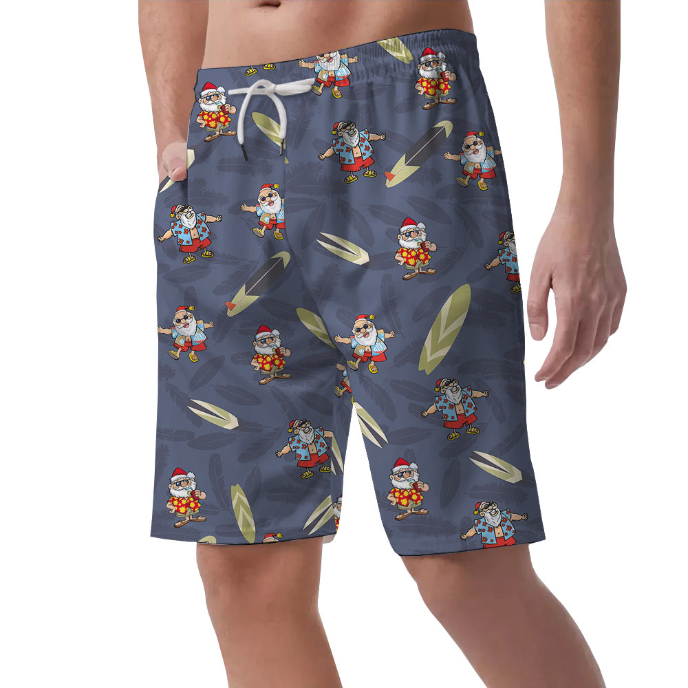 Cute Santa Claus Surfing Board Navy Men's Beach Shorts