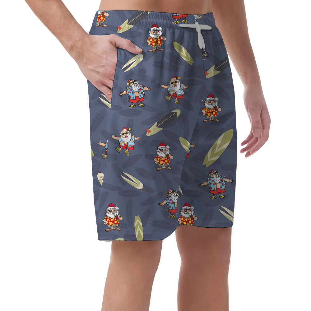 Cute Santa Claus Surfing Board Navy Men's Beach Shorts