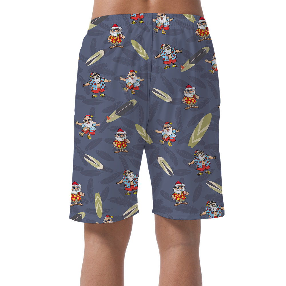 Cute Santa Claus Surfing Board Navy Men's Beach Shorts