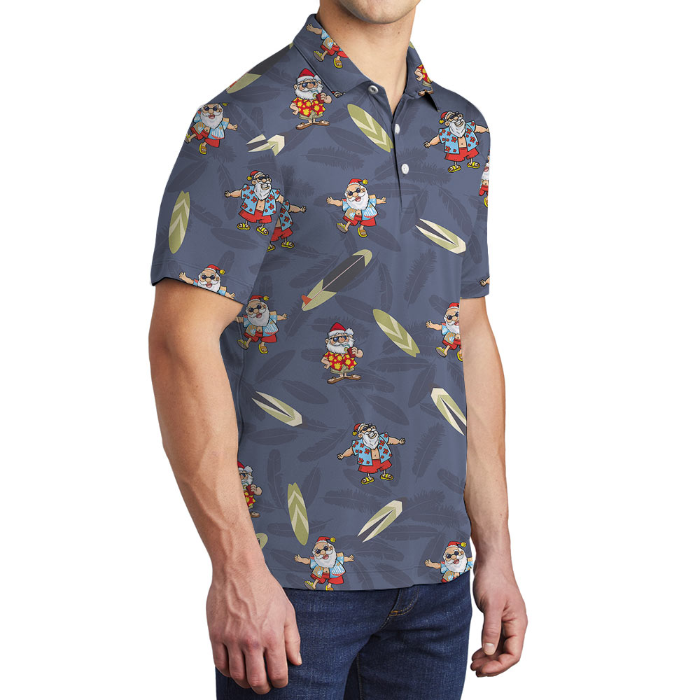 Christmas Santa Claus Surfing Board Navy Hawaiian Polo Shirt