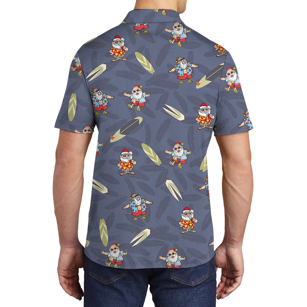 Christmas Santa Claus Surfing Board Navy Hawaiian Polo Shirt