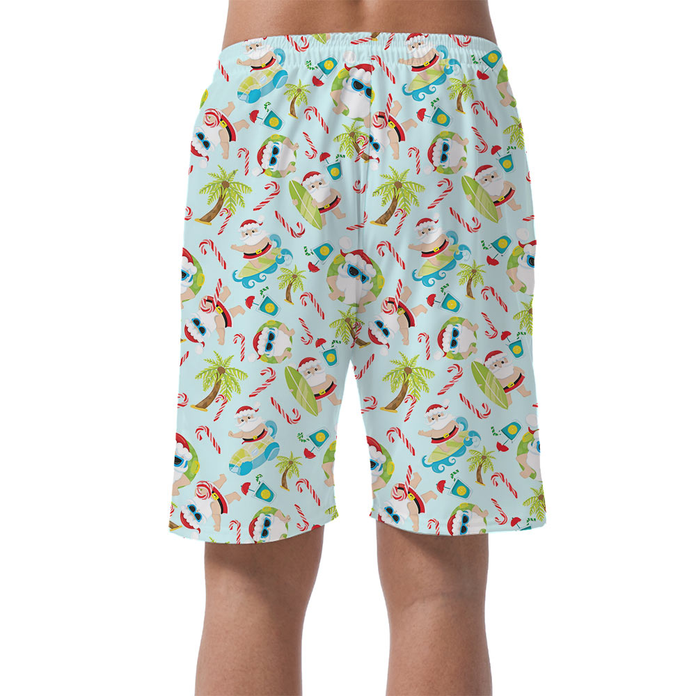 Cute Santa Claus Surfing Tropical Christmas Men's Beach Shorts