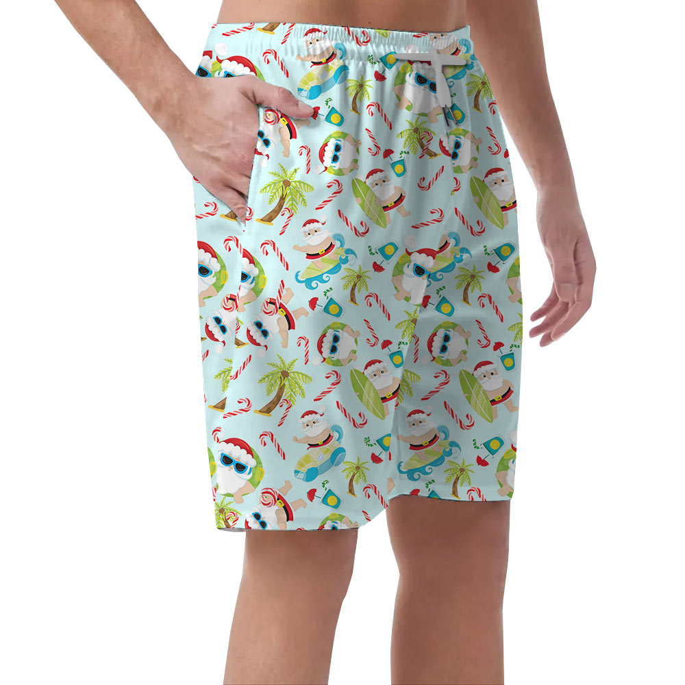 Cute Santa Claus Surfing Tropical Christmas Men's Beach Shorts