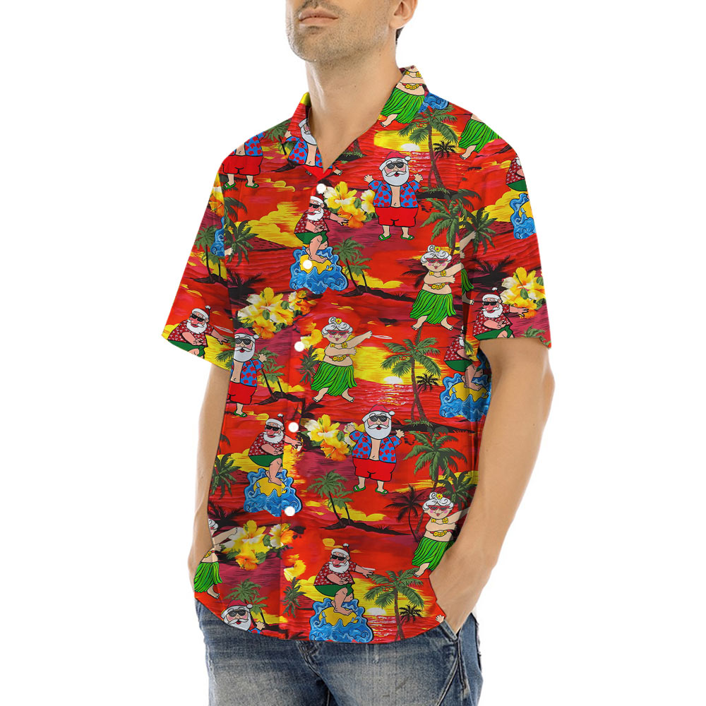 Hula Santa Sunset Beach Tropical Hawaiian Shirt
