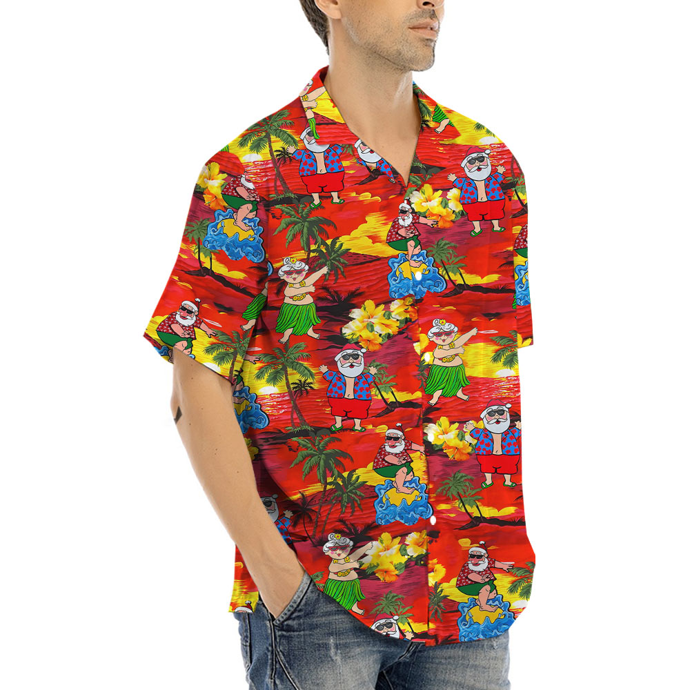 Hula Santa Sunset Beach Tropical Hawaiian Shirt