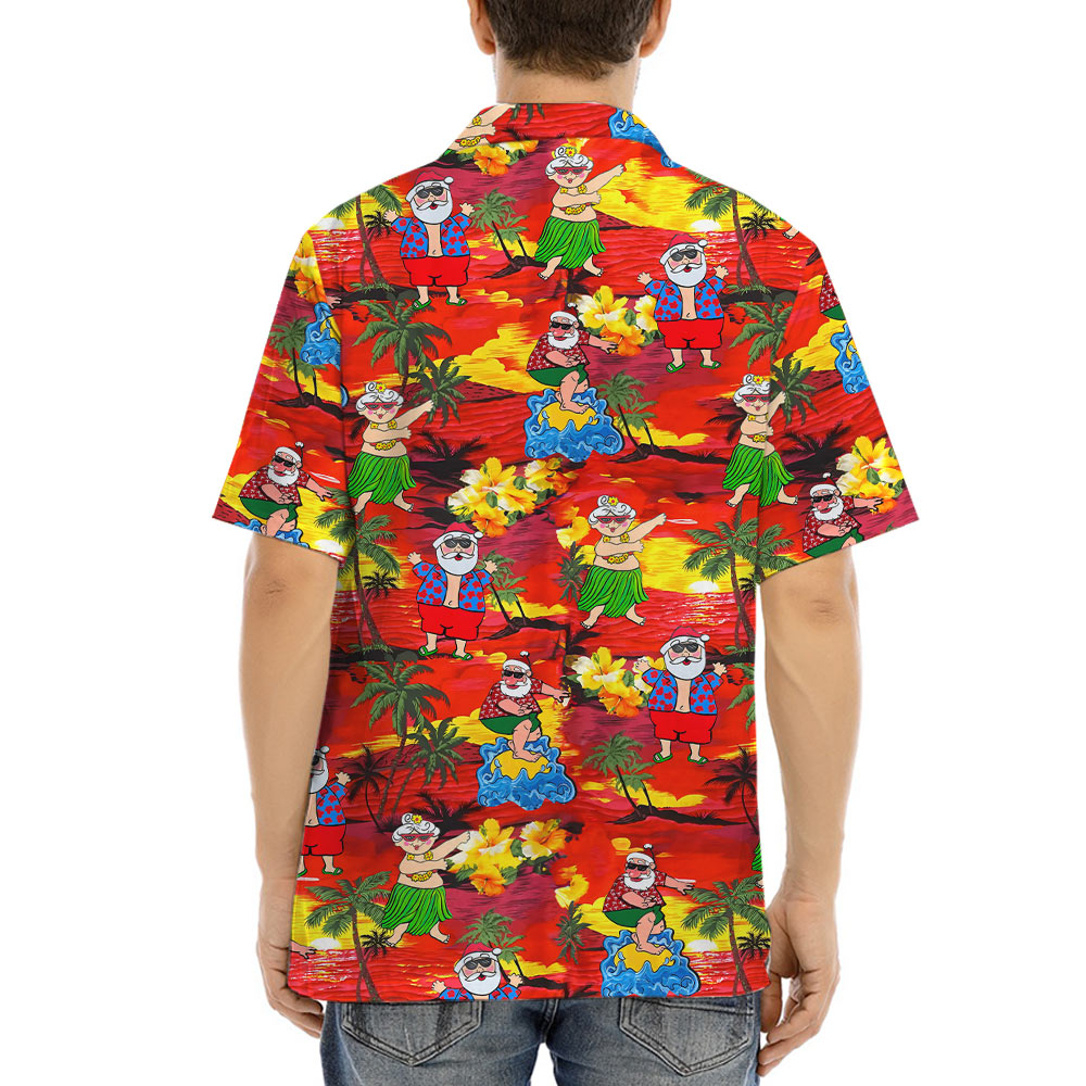 Hula Santa Sunset Beach Tropical Hawaiian Shirt