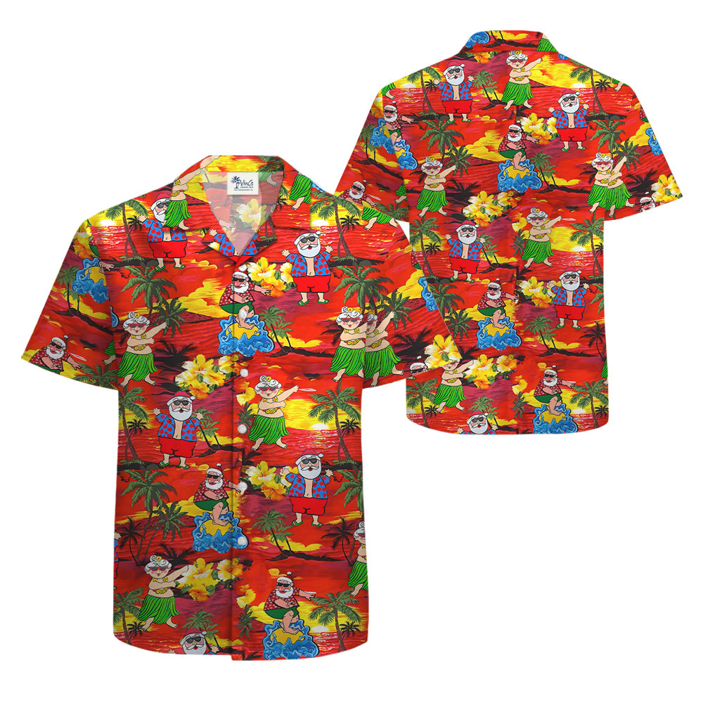 Hula Santa Sunset Beach Tropical Hawaiian Shirt