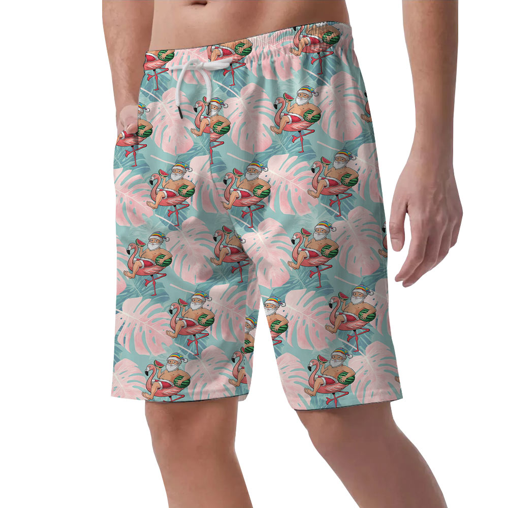 Tropical Santa Claus Flamingo Tropical Men's Beach Shorts