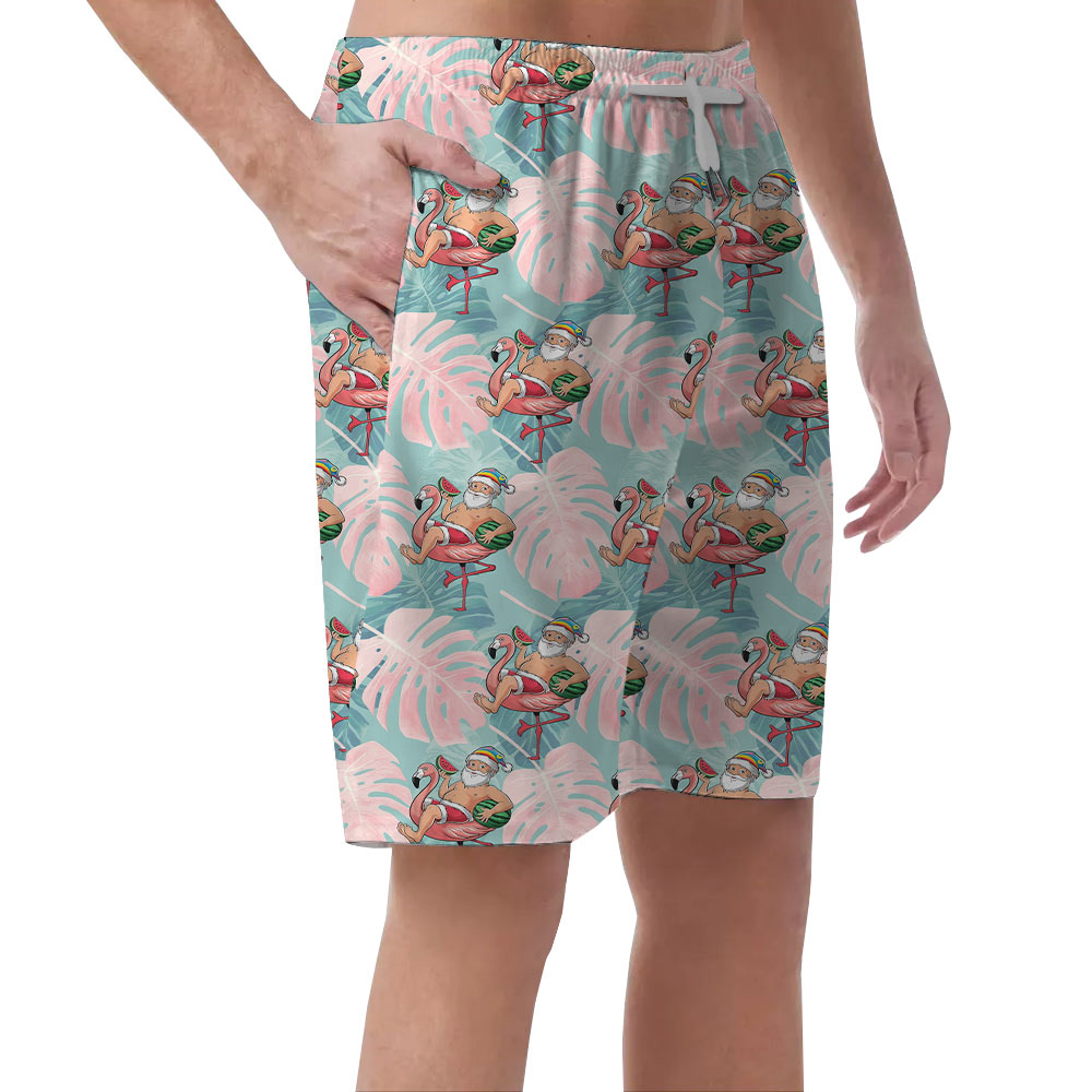 Tropical Santa Claus Flamingo Tropical Men's Beach Shorts