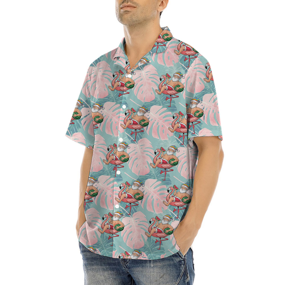 Watermelon Santa Claus Flamingo Hawaiian Shirt