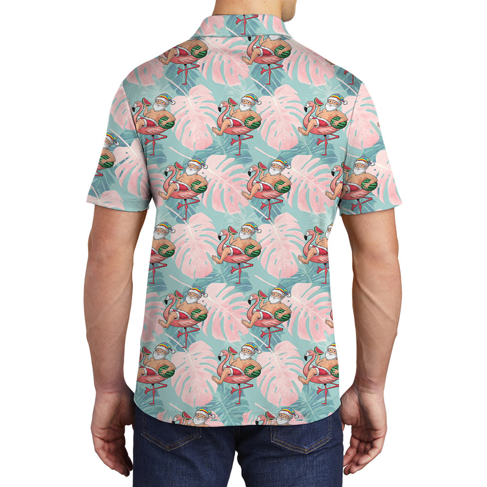 Funny Summer Santa Flamingo Tropical Polo Shirt