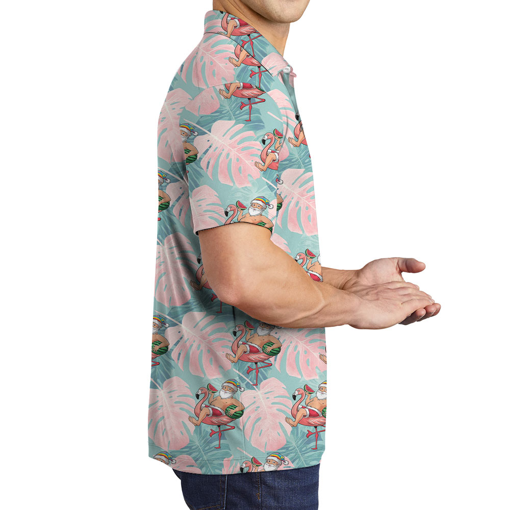 Funny Summer Santa Flamingo Tropical Polo Shirt