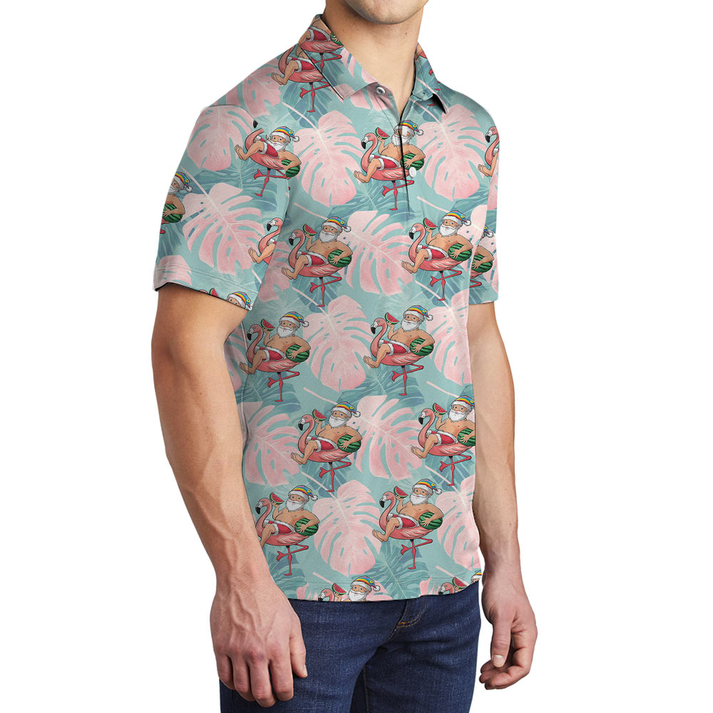 Funny Summer Santa Flamingo Tropical Polo Shirt