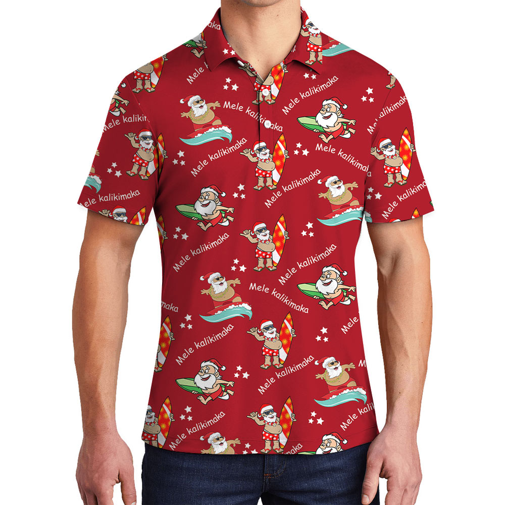Mele Kalikimaka Surfing Santa Red Polo Shirt - variant image 1