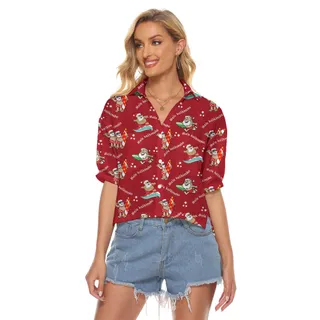 Cute Santa Claus Surfing Women's Red Hawaiian Shirt
