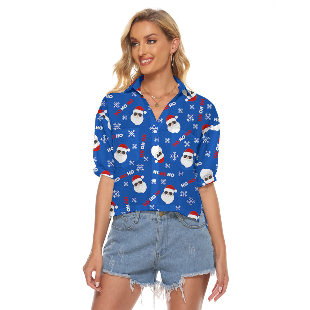 Ho Ho Ho Santa Claus Blue Women's Cropped Shirt - variant image 1