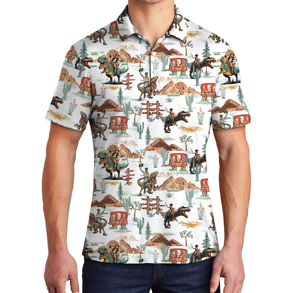 Cowboy Dinosaur Hawaiian Polo Shirt - variant image 1