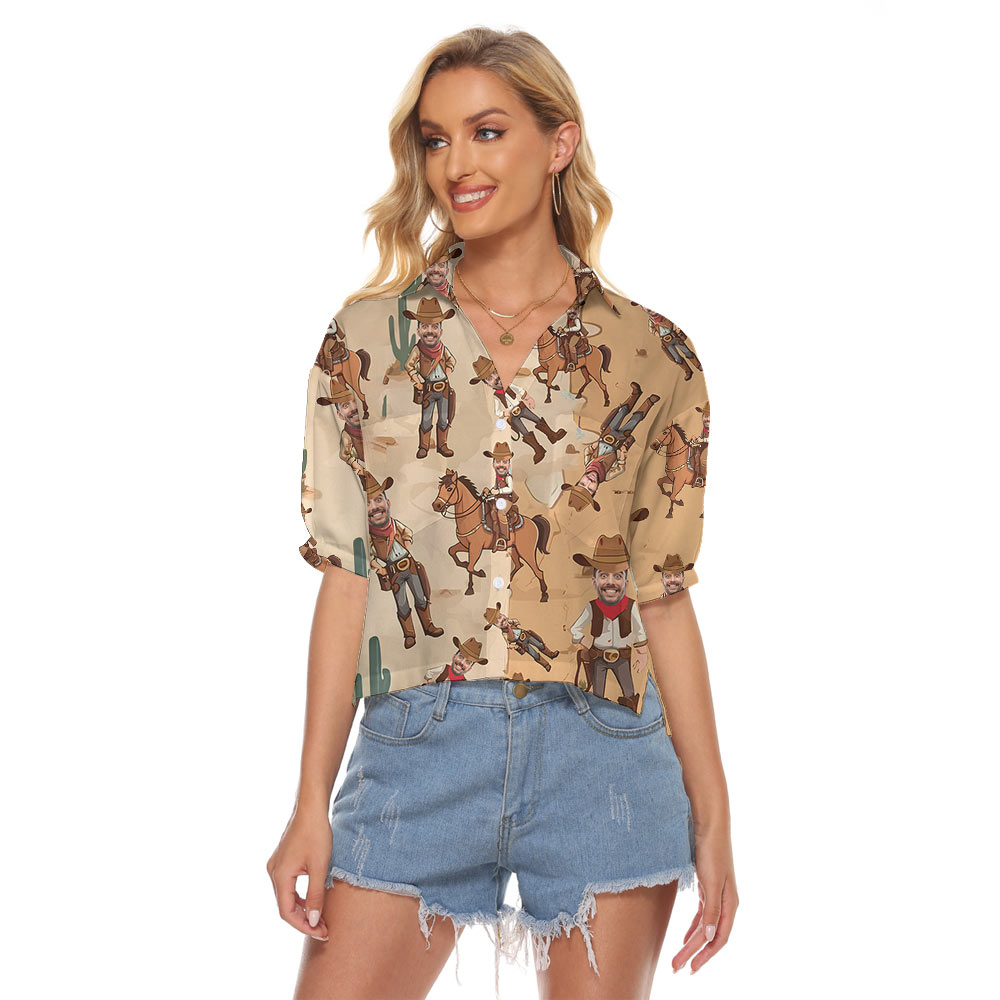 Funny Custom Face Cowboy Women's Crop Top Shirt - variant image 1