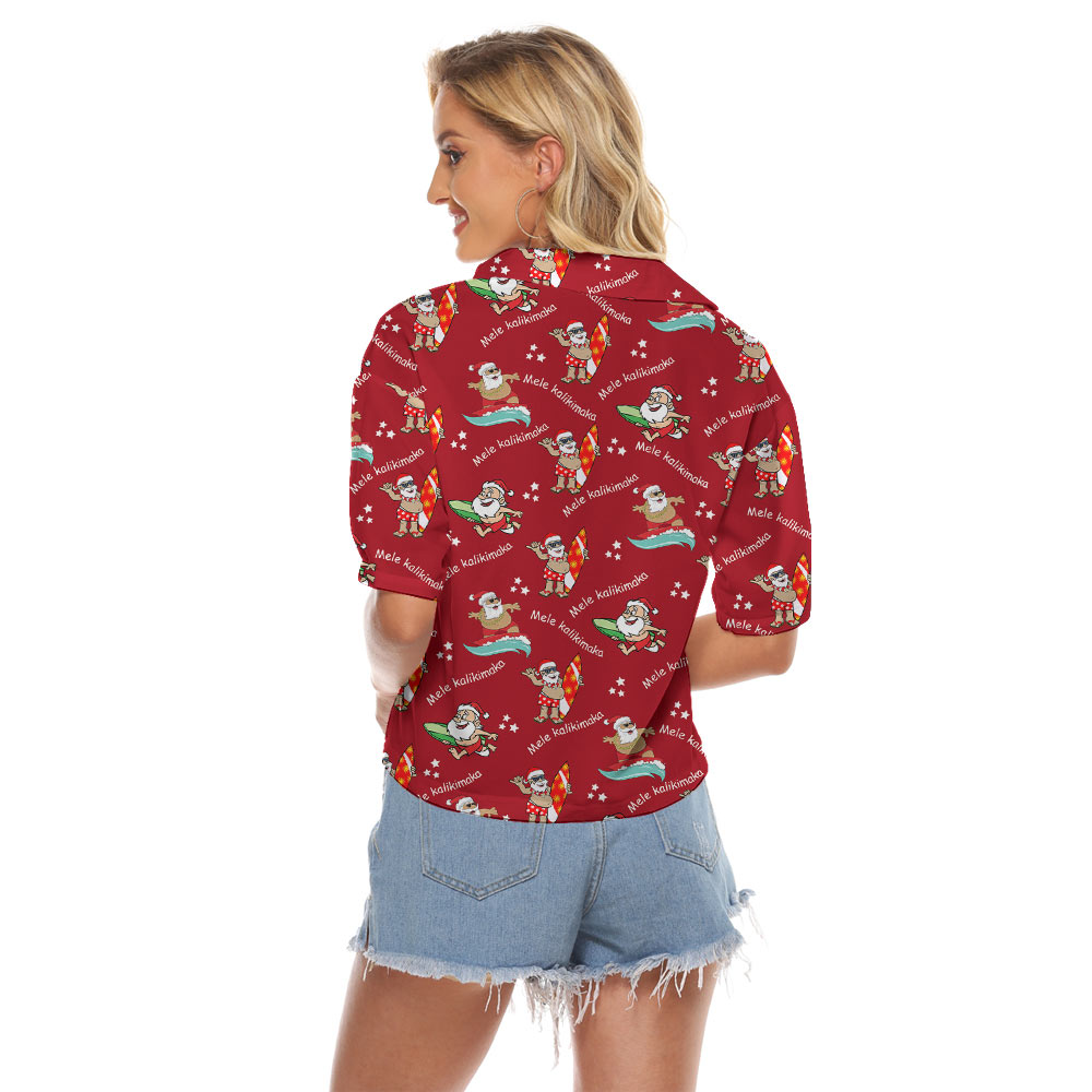 Cute Santa Claus Surfing Women's Red Hawaiian Shirt