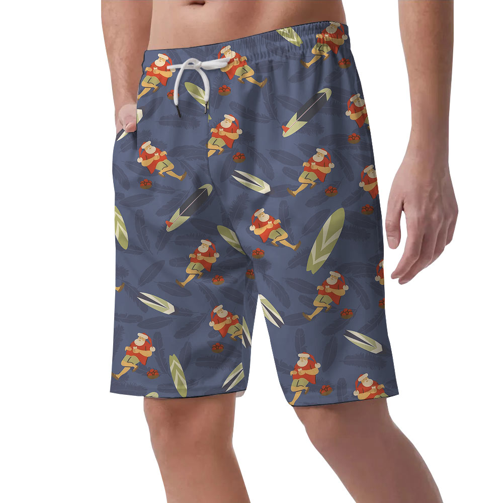 Cute Summer Santa Claus With Surfing Board Men's Beach Shorts
