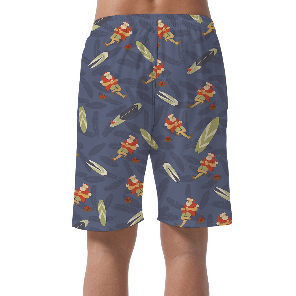 Cute Summer Santa Claus With Surfing Board Men's Beach Shorts