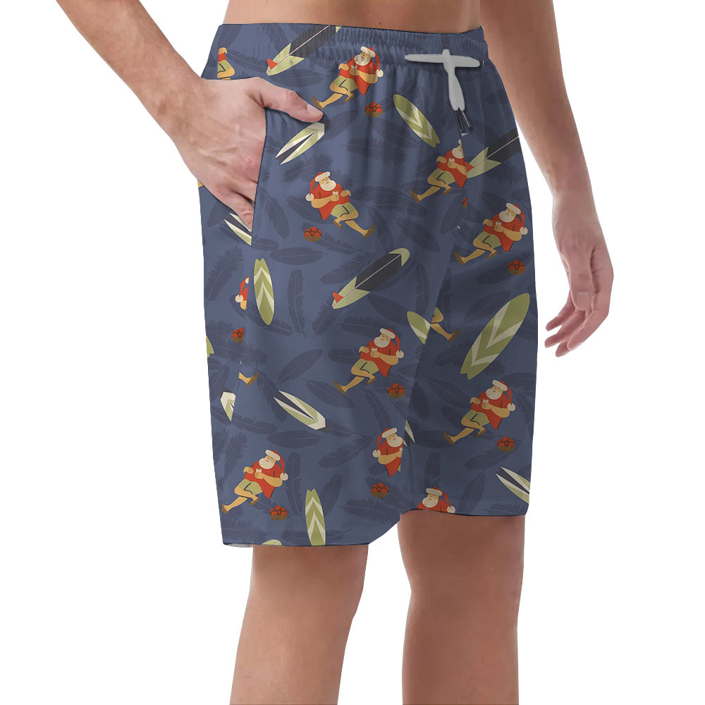 Cute Summer Santa Claus With Surfing Board Men's Beach Shorts