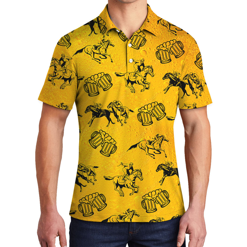 Cool Horse Racing And Beer Hawaiian Polo Shirt - variant image 1