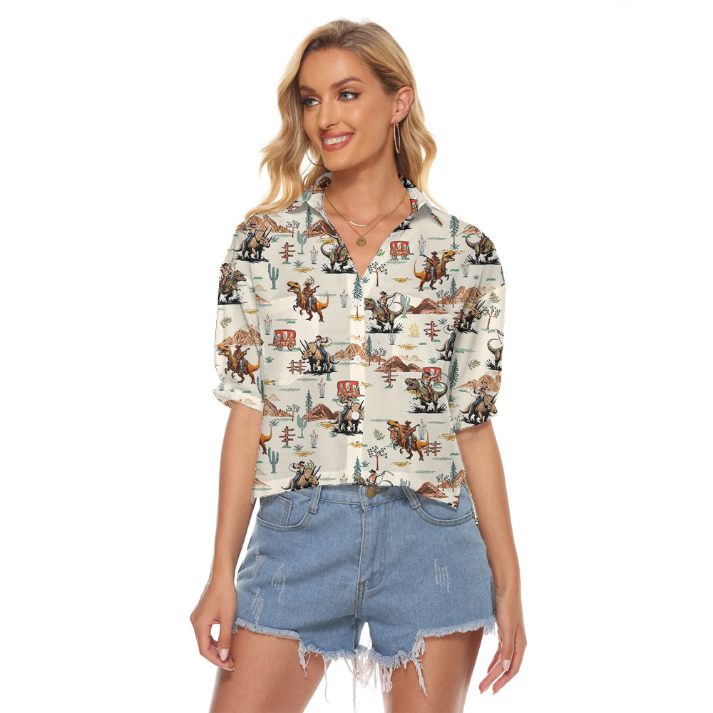 Funny Cowboy Riding Dinosaur Women's Cropped Shirt - variant image 1