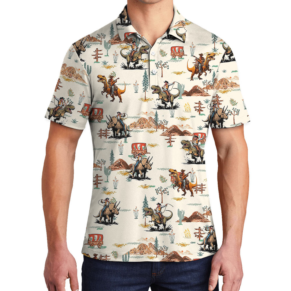 Western Cowboy Riding Dinosaur Hawaiian Polo Shirt - variant image 1