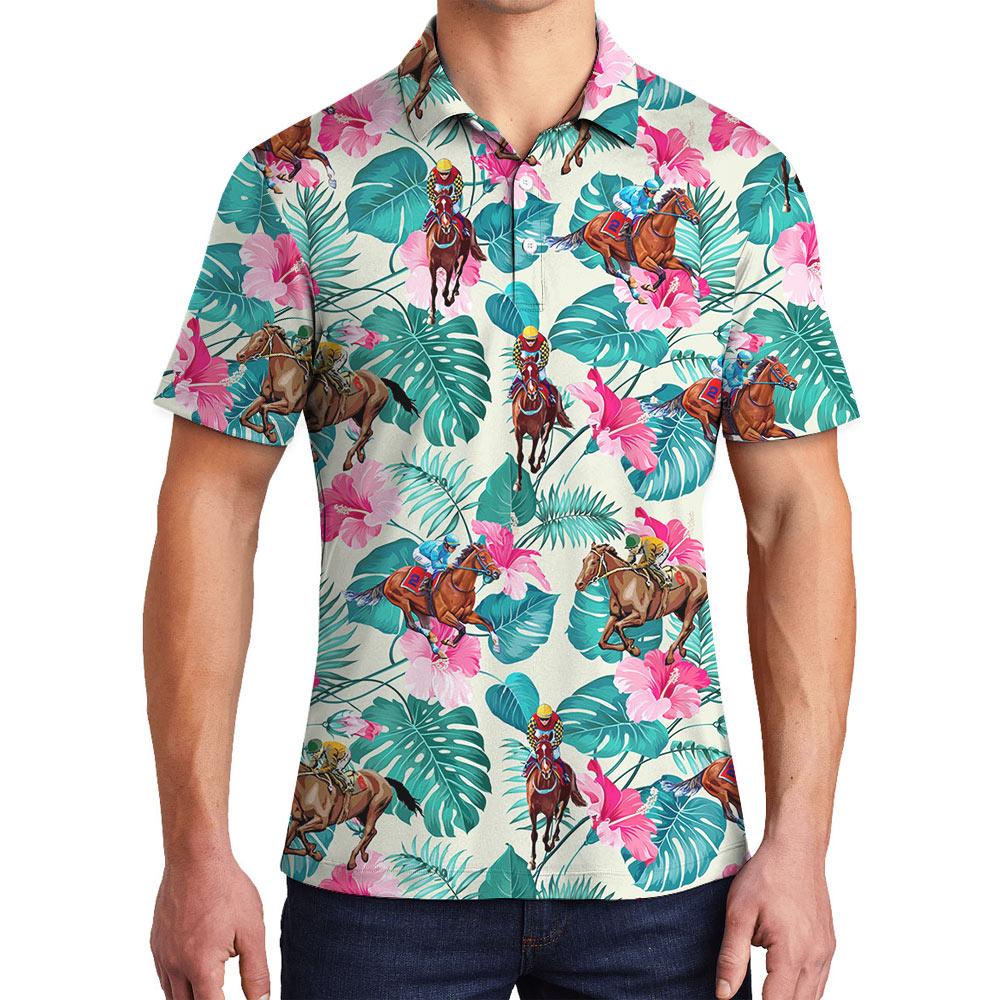 Racing Horse Tropical Hibiscus Hawaiian Polo Shirt - variant image 1