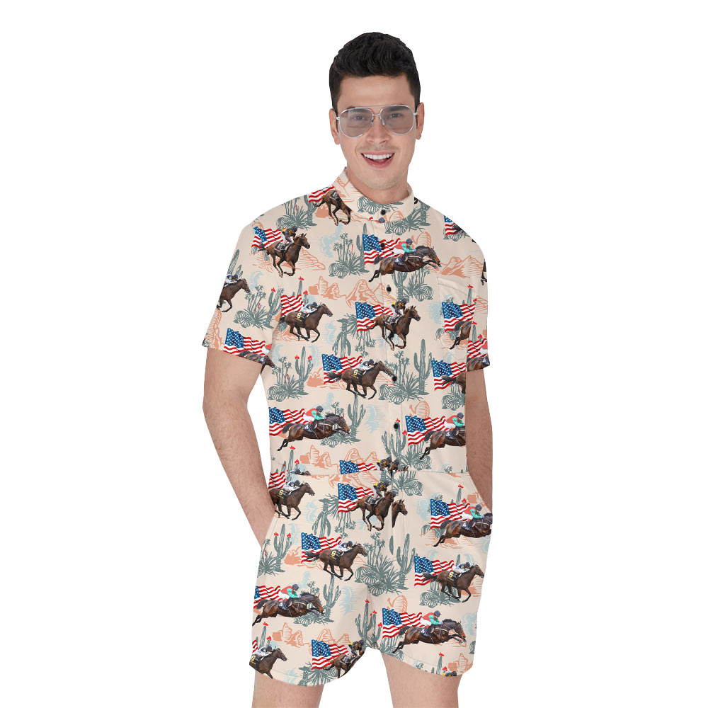 Cool Racing Horse American Flag Hawaiian Romper - variant image 1