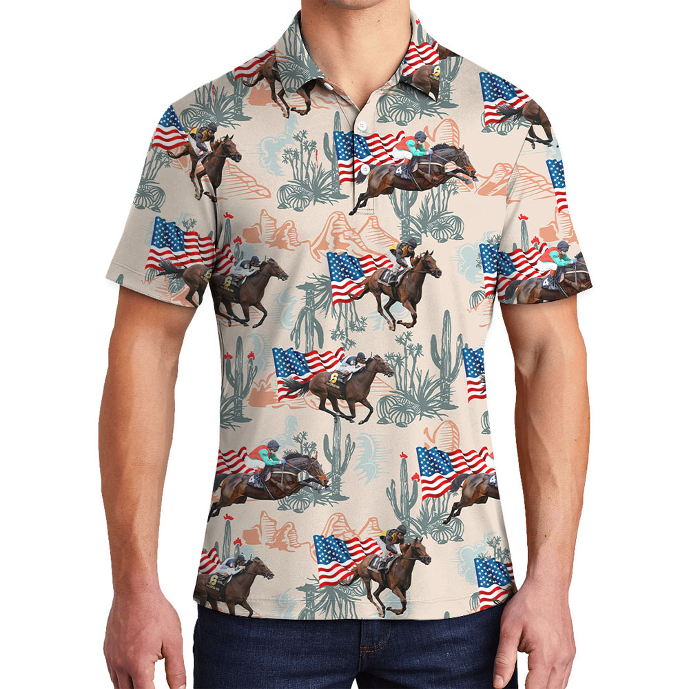 Racing Horse With American Flag Hawaiian Polo Shirt - variant image 1