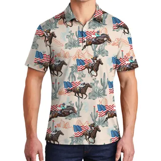 Racing Horse With American Flag Hawaiian Polo Shirt