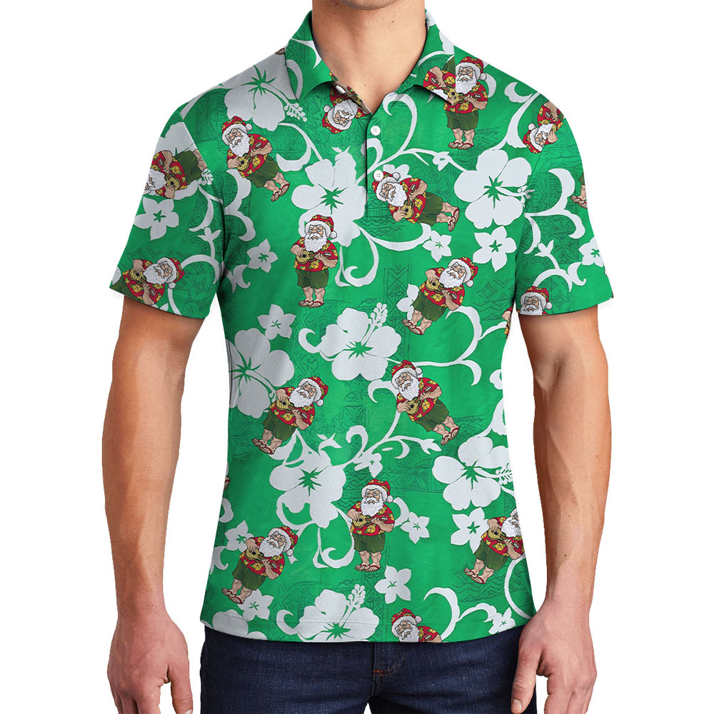 Classic Santa Playing Ukulele Hibiscus Green Polo Shirt - variant image 1