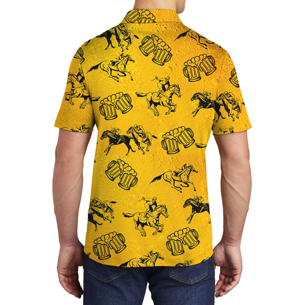 Cool Horse Racing And Beer Hawaiian Polo Shirt