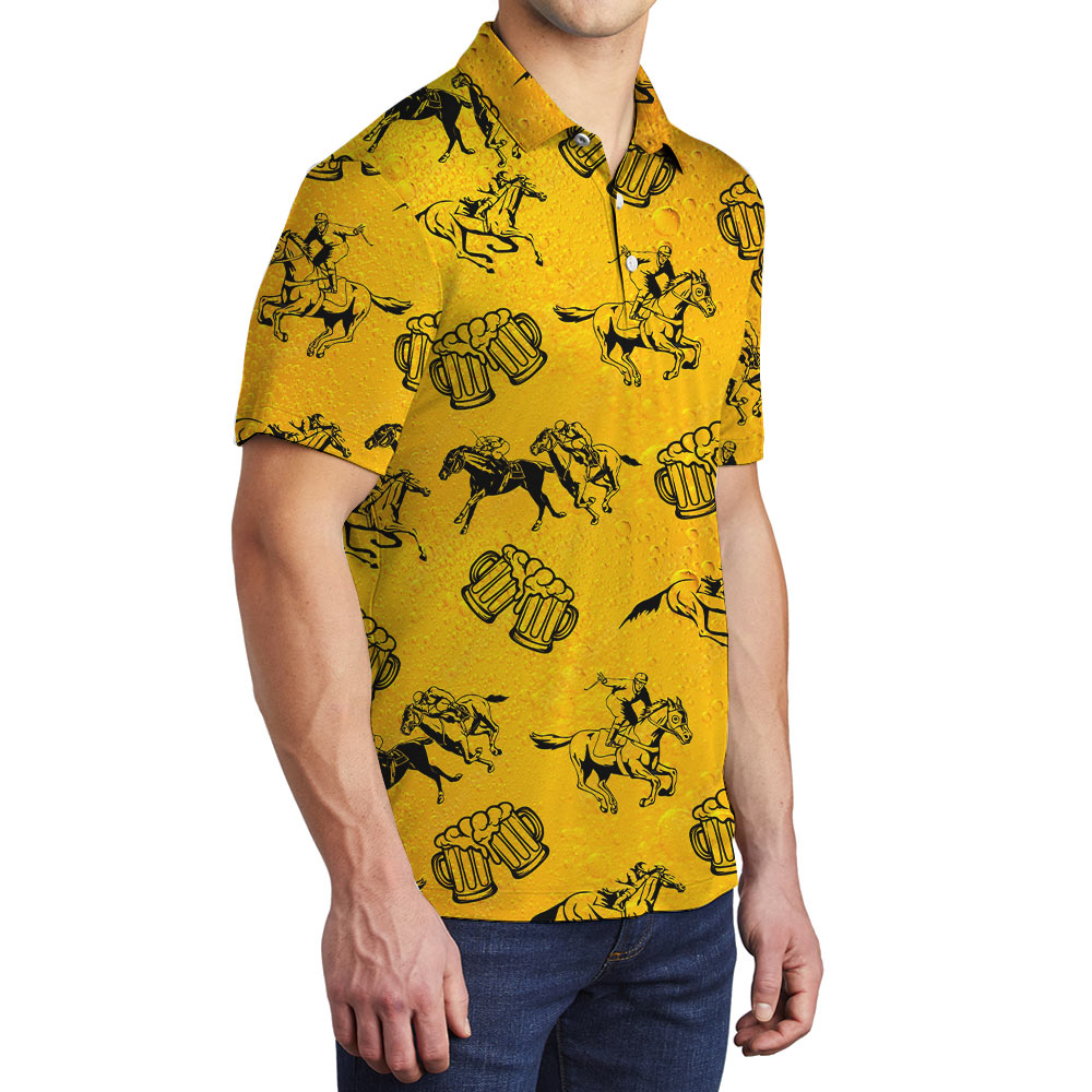 Cool Horse Racing And Beer Hawaiian Polo Shirt