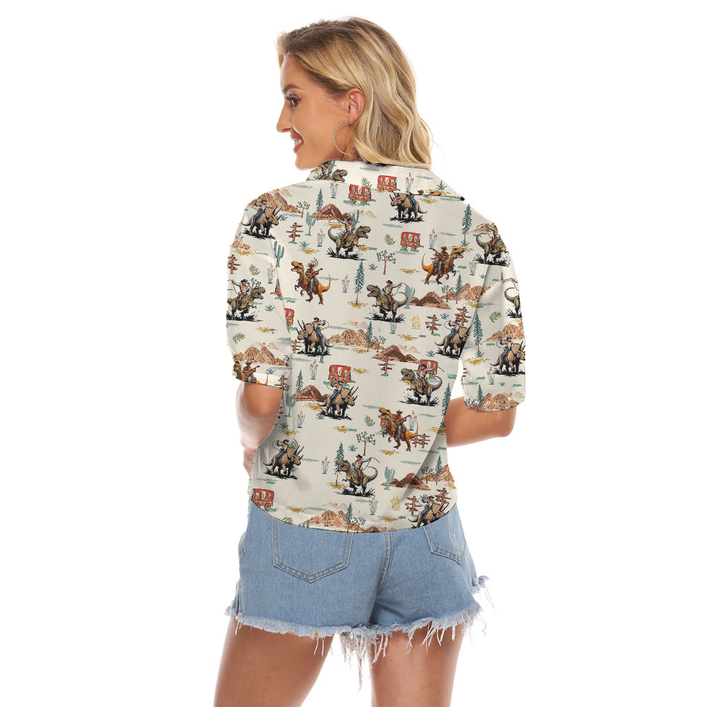 Funny Cowboy Riding Dinosaur Women's Cropped Shirt