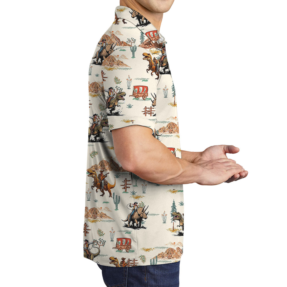 Western Cowboy Riding Dinosaur Hawaiian Polo Shirt